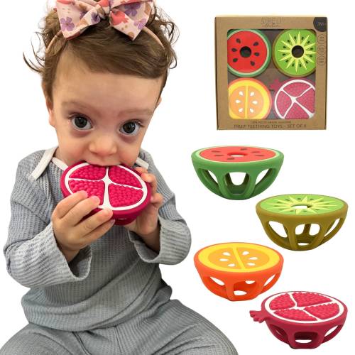 Set of 4 Fruit Shaped Teethers, BPA Free Non Toxic, Teething Toy, Baby 3 Months+, Baby Christmas Gift, Bright Colors, Easy to Hold, Gift Set