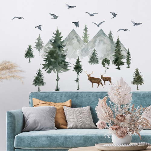 Mountain Wall Decals Large Pine Tree Wall Decals Peel and Stick Forest Tree Woodland Deer Birds Animal Wall Decals Mountain Tree Wall Stickers for Kids Room Nursery Decor