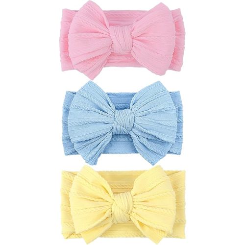 LemonSpace Handmade Baby Girls Headbands Soft Stretchy Nylon Hair Bands Hair Accessories with Bows for Newborn Baby Girls Infant Toddlers Kids(Light Pink Blue Yellow mix)