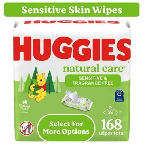 Huggies Natural Care Sensitive Baby Wipes, Unscented, 3 Pack, 168 Ct, Hypoallergenic, Dermatologist-Tested