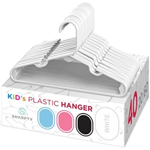 Sharpty Kids Plastic Hangers, Children's Hangers for Baby, Toddler, and Child Clothes - Everyday Standard Use - Ideal for Boys and Girls Closet, Clothing, Pants, Coats, and More - White, 40 Pack