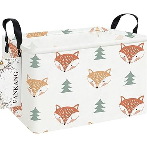 FANKANG Storage Bins, Nursery Hamper Canvas Laundry Basket Foldable with Waterproof PE Coating Large Storage Baskets for Kids Boys and Girls, Office, Bedroom, Clothes,Toys(Rec-Fox )