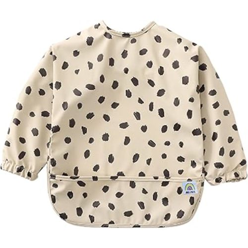 ARI MES Waterproof Long Sleeve Baby Bib for Eating-Black Spots Pattern, Small-Toddler Smock with Catch-All Pocket, BPA Free, Machine Washable, Wearable Feeding Bib for Boys & Girls 6-72 Months
