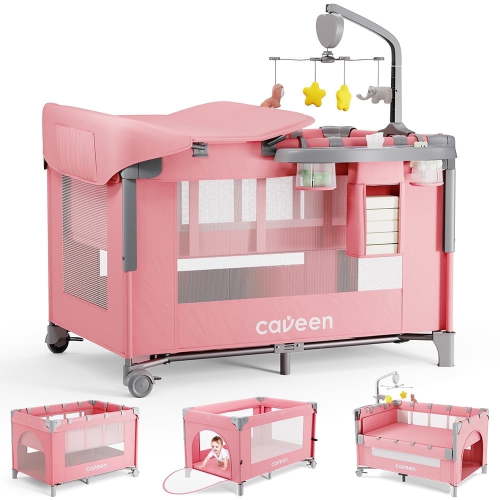 Baby Bassinet, Caveen 5 in 1 Baby Playard with Bassinet, Portable Bedside Sleeper Baby Crib, with Removable Changing Station & Storage Organizer, Pink