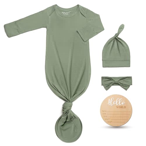 Hello World Newborn Knotted Gown 0-3 Months, Coming Home Outfit Baby Bamboo Viscose Sleeper with Hat,Headband,Wooden Sign
