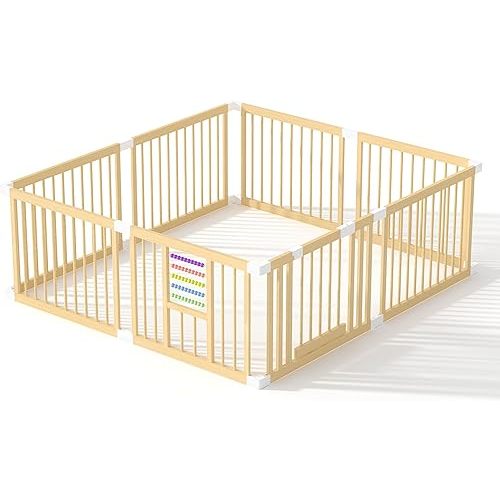 Baby Playpen with Gate, Wooden Playpen for Babies and Toddlers, Baby Play Yard with Colorful Acrylic Beads, Baby Fence Play Area with Suction Cups, Extra Large Play Pen Area Indoor(79 * 71 * 24Inch)