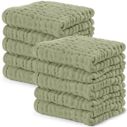 Comfy Cubs Muslin Baby Washcloths 10 Pack - Soft Large 10"x10" 6-Layer Absorbent Cotton - Sage