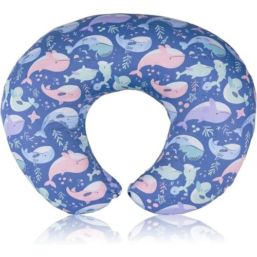 Nursing Pillow Cover, Compatible with Boppy Nursing Pillow Original Size, Breastfeeding Pillow Slipcover for Baby Boys & Girls, Organic Cotton, Machine Washable & Breathable, Blue Whale