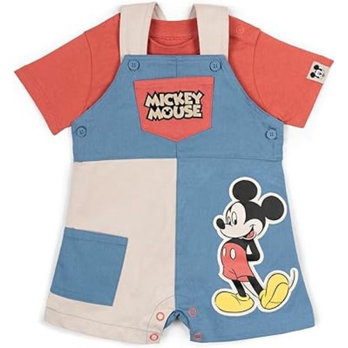 Disney Mickey Mouse Baby Twill Square Neck Short Overalls & T-Shirt Outfit Newborn to Infant Sizes (0-3 Months - 18 Months)
