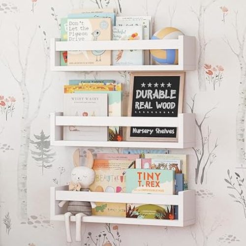 NATURE SUPPLIES Set of 3, 16.4" White Floating Nursery Shelves for Wall, Kids Bookshelf for Bedroom, Nursery Storage, Decorative Display for Kids Rooms, Modern Wall-Mounted Organizer for Home