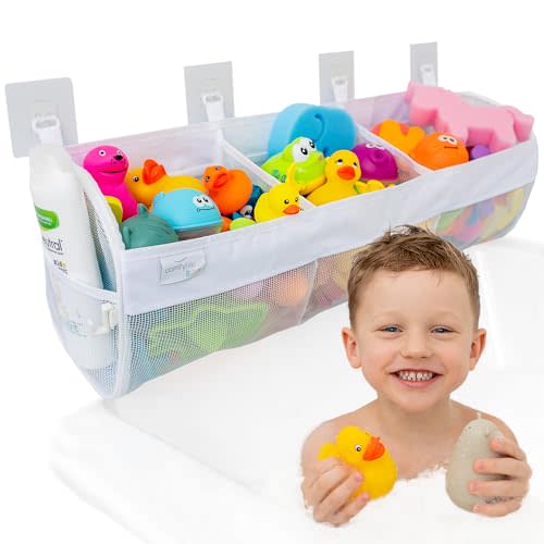 Comfylife Large Bath Toy Organizer – 3 Compartment Bath Toy Holder for Bathtub & Shower – Quick-Dry Mesh with 4 Strong Adhesive Hooks – Kids Toys Storage Net for Bathroom, shower & Tub