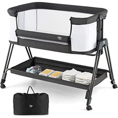 BABY JOY Bassinet Bedside Sleeper, Easy Folding Crib w/All-Side Mesh, Storage Shelf, 7 Adjustable Heights, Mattress & Travel Bag for Safe Co-Sleeping, Portable Bed for Newborn Infant -Black
