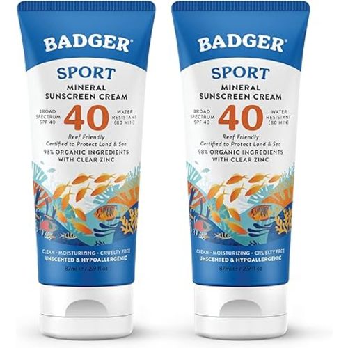 Badger Reef Safe Sunscreen, SPF 40 Sport Mineral Sunscreen, 98% Organic Sunscreen Ingredients, Broad Spectrum, Water Resistant, Zinc Oxide Sunscreen, Unscented, 2.9 fl oz (2 Pack)