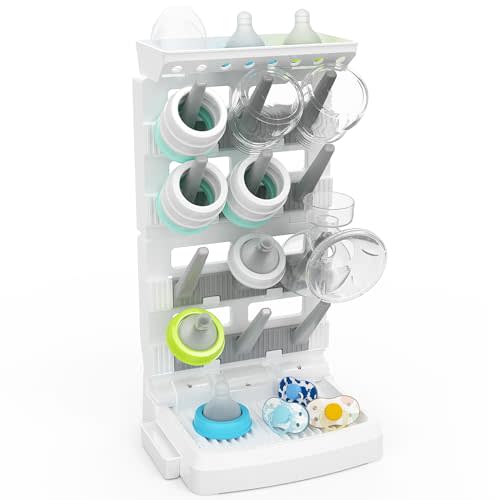 CINWWNI Baby Bottle Drying Rack for 12 Bottles, Space Saving Countertop Vertical Standing Bottle Dryer Rack for Baby Accessories & Pump Parts (Large White&Grey)