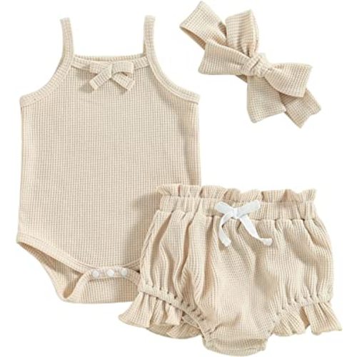 Newborn Baby Girls Summer Clothes Set Sleeveless Romper Tops Ruffle Bloomer Shorts Sets with Headband 3 Pcs Outfits 3-6 months