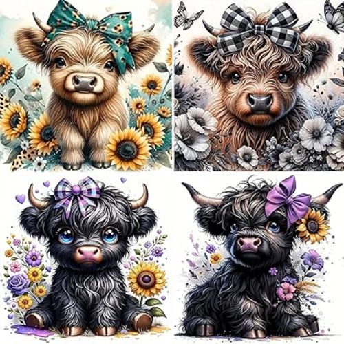 BYGFHLYW Diamond Art Painting Kits for Adults, 4 Pack of Cow 5D Diamond Painting Dots Art Kits for Adults Beginner, Simple DIY Full Round Gem Crystal Art Paint by Diamond, Home Wall Decor 12 x 12 in
