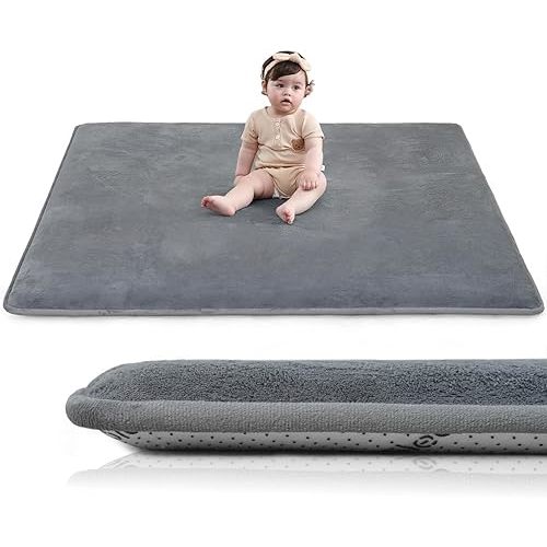 Baby Play Mat for Floor,1.3" Thick Elasti-Foam 50"×50" Playpen Mat for Tummy Time,Water Repellent Soft Coral Velvet for Toddler,Infant,Kids,Non-Slip Backing Safe for Crawling(Dark Grey)