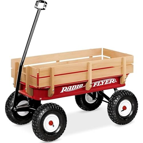 Radio Flyer Pull Along Kids Wagon with Foldable Handle and Wooden Stake Sides, Red - Heavy Duty Outdoor Cart and Carrier with Wheels for Children