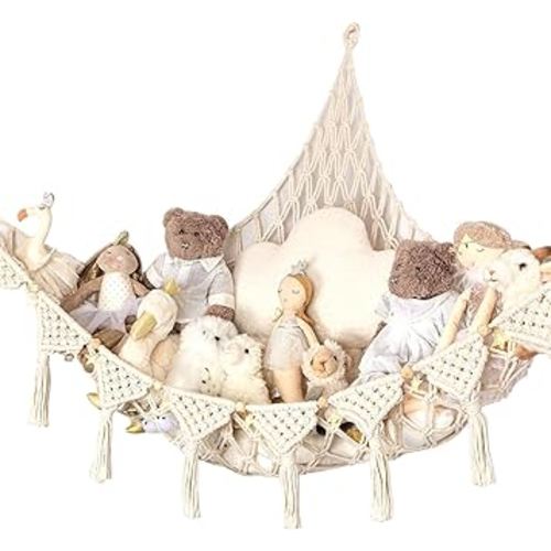 Stuffed Animal Storage Net Hammock 47.2 inch Macrame Boho Corner Toy Holder Wall Hanging Net Organizer for Plushies Bedroom Room Decor