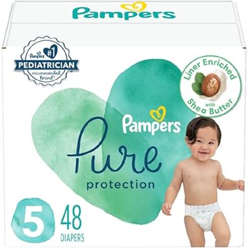 Pampers Baby Diapers - Pure Protection - Size 5, 48 Count, for up to 100% Leakproof, Premium Plant-based Skin Protection