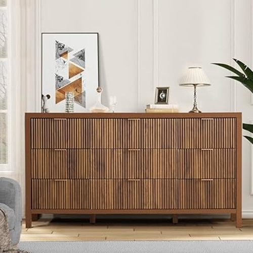 Mid Century Modern Dresser TV Stand, 9 Drawer Dresser for Bedroom Wood, Farmhouse Boho Storage Cabinet Side Table with Solid Natural Wood Legs, Long Wooden Dresser for Closet (Walnut)