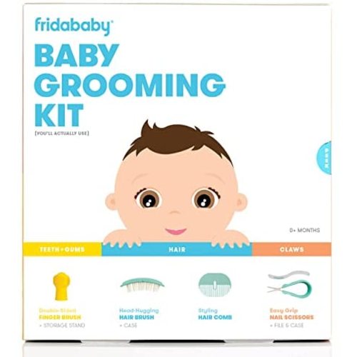 FridaBaby Grooming Kit Includes Finger Brush with Storage Stand Hair Brush with Case Styling Hair Comb Easy Grip Nail Scissors with Nail File and Case