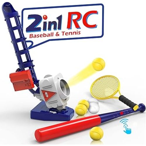 iPlay, iLearn Kids Pitching Machine Toys, 2 in 1 RC Baseball Tennis Pitcher, Auto Ball Launcher Bat, Boys Outdoor Outside Sports Backyard Game, Birthday Gift 5 6 7 8 10 12 Yr Youth-Unassembled