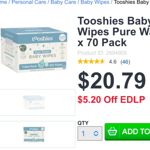 Buy Tooshies Baby Wipes Pure Water 6 x 70 Pack Online at Chemist Warehouse®