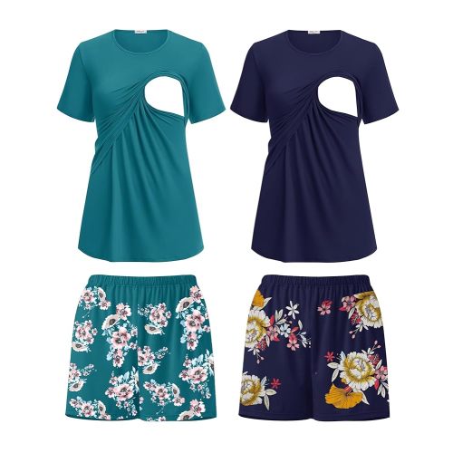 Ekouaer 2 Pack Women's Nursing Pajamas Set Double Layer Maternity Pjs Postpartum Loungewear Set Breastfeeding Tops & Shorts