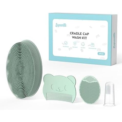 Lupantte Baby Care Set of Baby Essentials for Dry Skin, Cradle Cap and Eczema, Includes Silicone Cap Cradle Brush, Scalp Brush, Silicone Shower Brush, Baby Finger Toothbrush, Newborn Essentials, Green