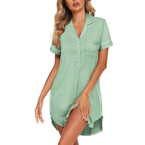 Ekouaer Women's Nightgown Button Down Nightshirt V Neck Sleepshirt Short Sleeve Sleepwear Soft Pajama Dress