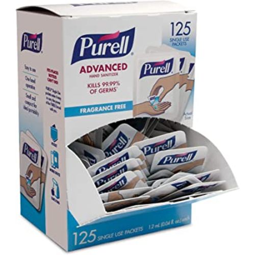 PURELL SINGLES Advanced Hand Sanitizer Gel, Fragrance Free, 125 Count Single-Use Travel-Size Packets, 9620-12-125EC