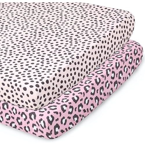 The Peanutshell Fitted Pack n Play, Playard, Mini Crib Sheets for Baby Girls | 2 Pack Set | Cheetah Animal Print