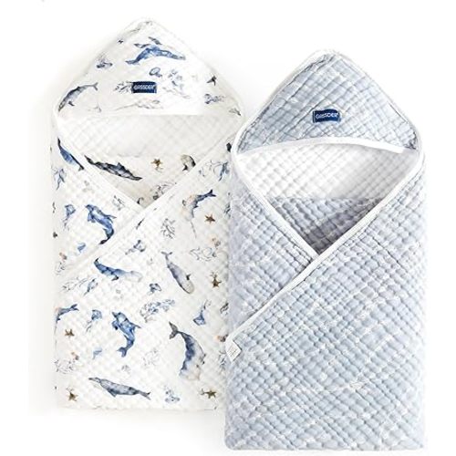 GRSSDER Ultra Soft Absorbent Muslin Cotton Baby Hooded Towel 2 Pack with Original Patterns, Extra Large Size 35"x 35" Swaddle Wrap for Newborn Infant and Toddler