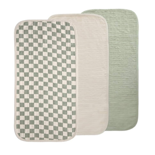 mushie Waterproof Changing Pad Liners | 100% Organic Cotton | Set of 3 (Olive Check Combo)