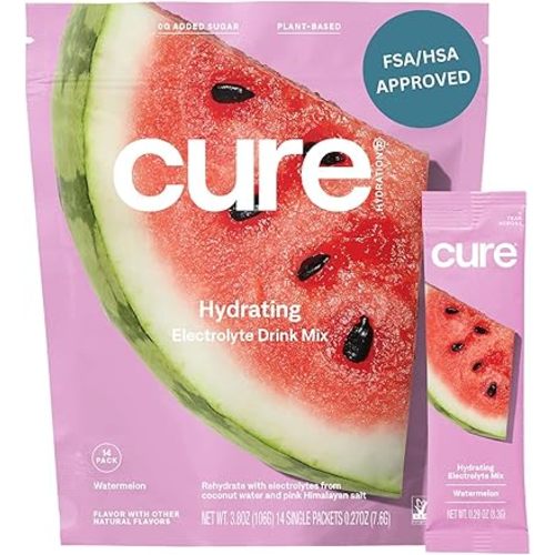 Cure Hydration | Plant-Based Electrolyte Drink Mix | No Added Sugar | FSA & HSA | Dehydration Relief Powder Made with Coconut Water | Non-GMO | Vegan | Pouch of 14 Packets - Watermelon