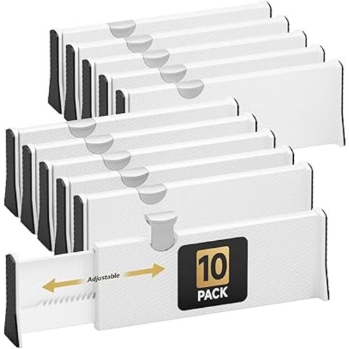 Drawer Dividers Organizer 10 Pack, Adjustable Separators 4" High Expandable from 11-17" for Bedroom, Bathroom, Closet, Clothing, Office, Kitchen (White, 10 PACK)