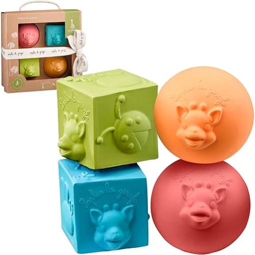 Sophie la girafe So'Pure Cubes & Balls | 4 Light & Colorful Balls | Easy to Grasp | Designed with Natural Rubber to Soothe & Awaken All 5 Senses