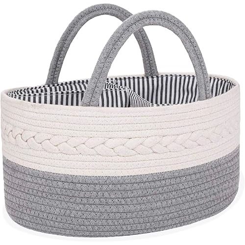 Oliver & Emilia Diaper Caddy - Portable Woven Baby Organizer Basket w/Handle, Nursery Changing Caddies & Dividers, Dresser Organizer, Cotton Rope Stuff Holder, Wipes Storage, Must Haves Newborn, Gift