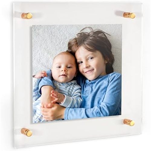 26 x 26 Contemporary Acrylic Floating Frame: Elevate Your Art and Photos in Style - Featuring 19x25mm Brushed Gold Acrylic Standoff for Wall Mounting.