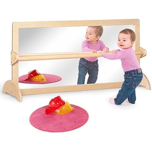 3-Position Montessori Wood Frame Non-Shatter Safety Pull Up Bar Baby Big Mirror Set, Infant Coordination Mirror, Kids Classroom Furniture for Daycare, Homeschool or Preschool
