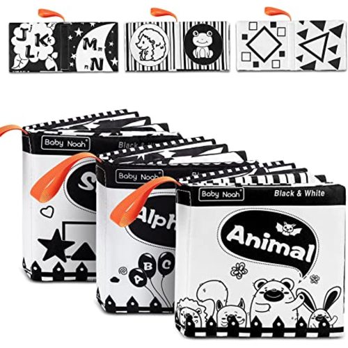Baby First Soft Activity Cloth Book Set, High Contrast Black and White Interactive Crinkle Soft Book Bundle for Infant, Baby Early Education for Brain Development with Alphabet, Shape, Animal