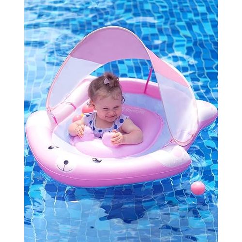 Pool Float with Adjustable Safety Seat & Canopy UPF 50+ Sun Removable Protection, Infant Pool Float for Baby Blue Bear Holder Support, Baby Pool Float with Canopy 6-36 Months. (B1807)