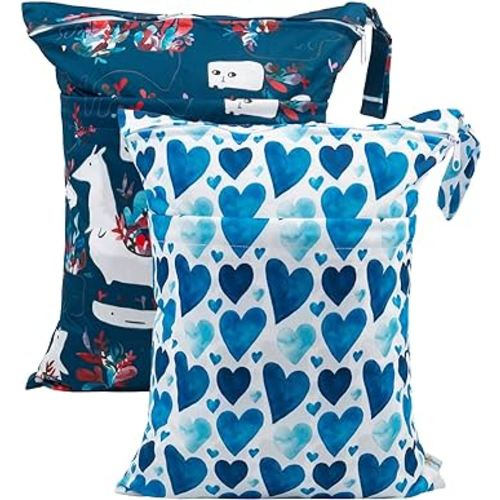 babygoal Wet Dry Bags for Baby Cloth Diapers, Washable Travel Bags, Beach, Pool, Gym Bag for Swimsuits & Wet Clothes with Two Zippered Pockets 2 Pack, LN05