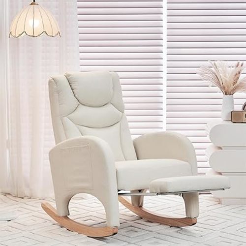 Nursery Rocking Chair with Foot Rest,Upholstered Teddy Glider Rocker with Solid Wood Legs, Accent Nursing Arm Chair for Living Room/Bedroom/Nursery,Beige