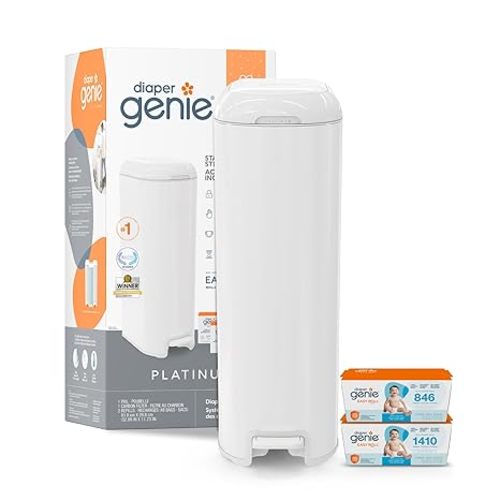 Diaper Genie Platinum Pail Gift Set, Lily White, Made of Durable Stainless Steel and Includes 2 Easy Roll Refills with 18 Bags and 30 Bags