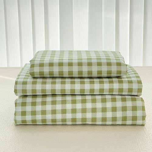 NSNLGSGC Sage Green Gingham Twin Sheet Set, Soft Brushed Microfiber Plaid Twin Bed Sheets, 3-Pieces Sheet Set with Deep Pocket