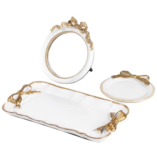 Perfume Vanity Tray Coquette Decor - 3 Pcs Decorative Perfume Tray Set, Jewelry Tray & Bow Makeup Mirror & Vanity Tray, Gold Perfume Tray Organizers, Coquette Vintage Decor for Room Bathroom, White