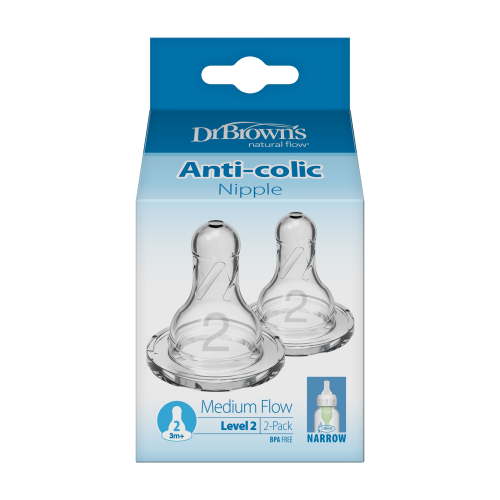 Dr. Brown's Natural Flow Level 2 Narrow Baby Bottle Silicone Nipple, Medium Flow, 3m+, 100% Silicone Bottle Nipple, 2 Pack