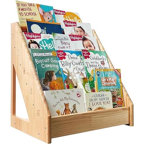 5-Tier Montessori Bookshelf - Front Facing Kids Bookshelf with Back Storage,Mortise and Tenon Design, Easy to Install. Perfect for Toddler, Children's Room, and Reading Nook (Natural)